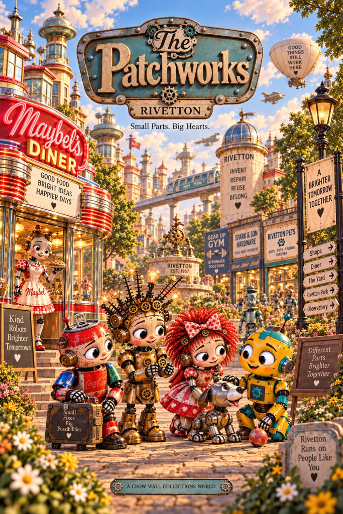 Tink, Clank, Fizz, and Gizmo in the retro-futuristic town of Rivetton