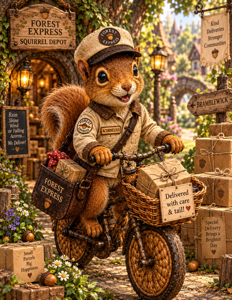 Acornelius Twitch, the delivery squirrel of Bramblewick