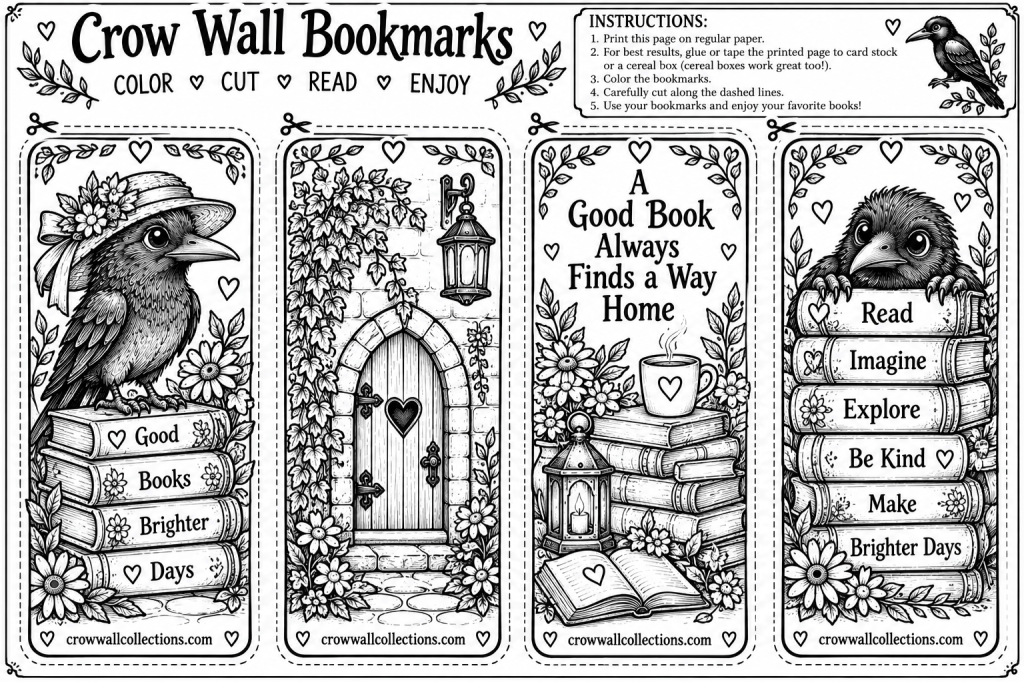 Printable set of four Crow Wall bookmarks to color and cut out.