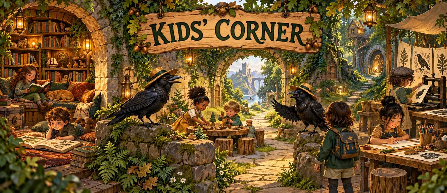 Children explore reading, play, and printmaking in a lantern-lit courtyard inside the Crow Wall, guided by two straw-hatted crows beneath a Kids’ Corner sign.