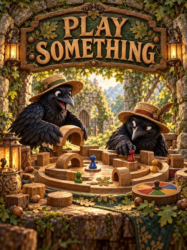 Play Something: two straw-hatted crows play a wooden tabletop game.