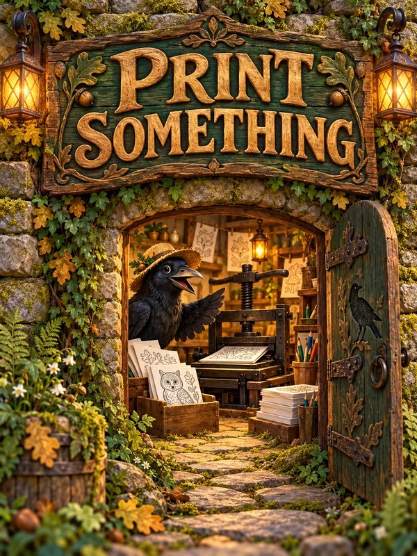 Print Something: a crow welcomes visitors into the Crow Wall Print Shop.