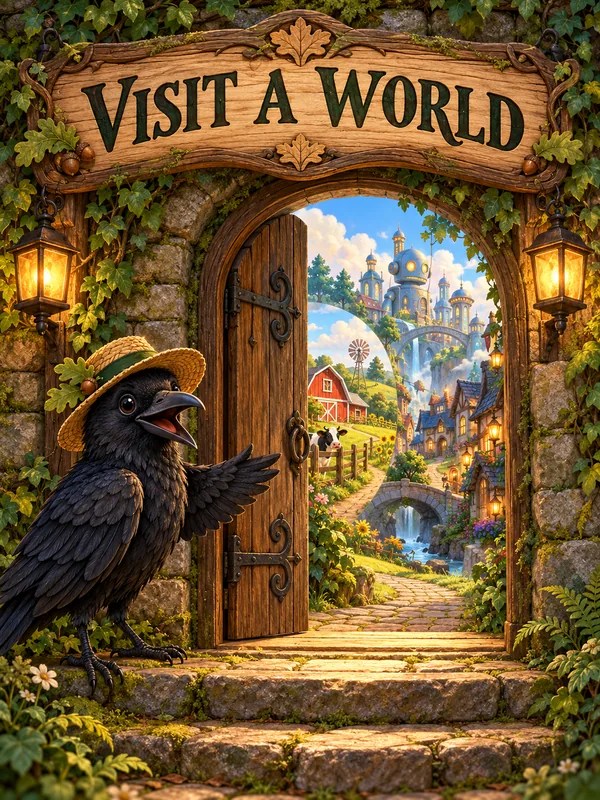Visit a World: a straw-hatted crow welcomes visitors into Crow Wall worlds.