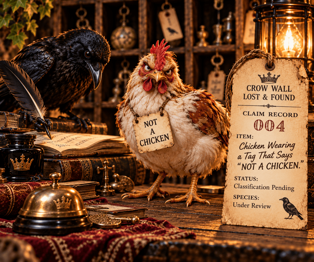 Claim Record 004 — an offended chicken wearing a NOT A CHICKEN tag at the Crow Wall Lost and Found.