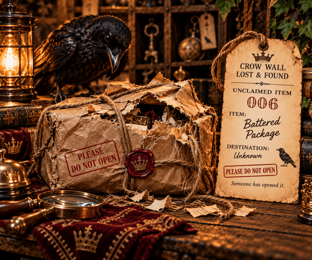 Unclaimed Item 006 — Battered Package at the Crow Wall Lost and Found. Please do not open. Someone has opened it.