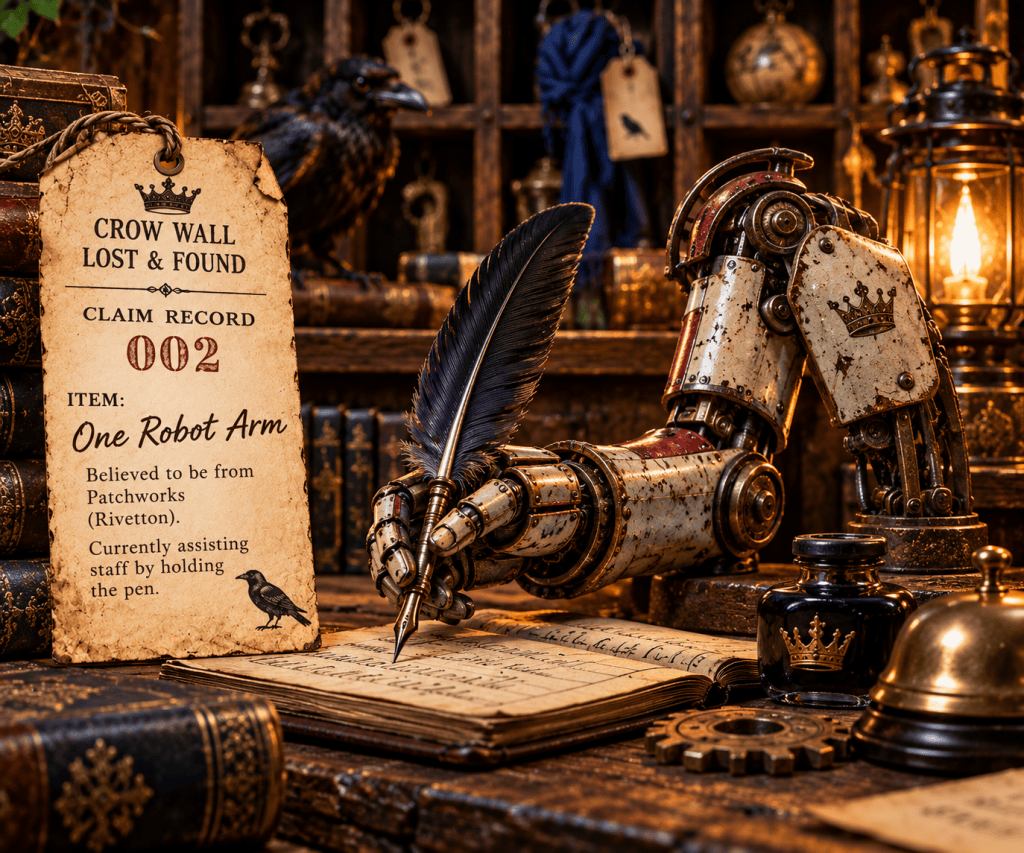 Claim Record 002 — One Robot Arm from Rivetton assisting the Crow Wall Lost and Found.