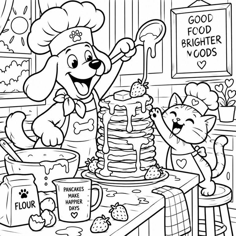 Pancakes with a Dog and Cat coloring page preview