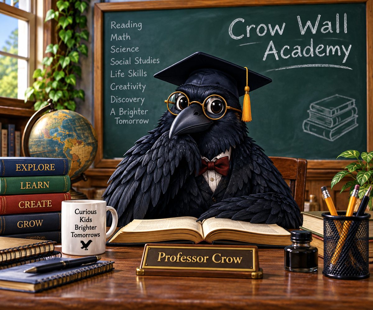 Professor Crow at his desk in Crow Wall Academy