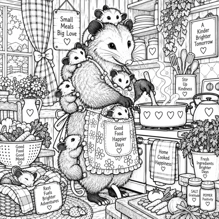 Opossum Family in the Kitchen coloring page preview