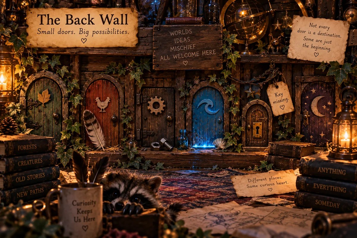 The Back Wall of The Little Spark workshop, filled with mysterious tiny doors and one locked door with a missing key