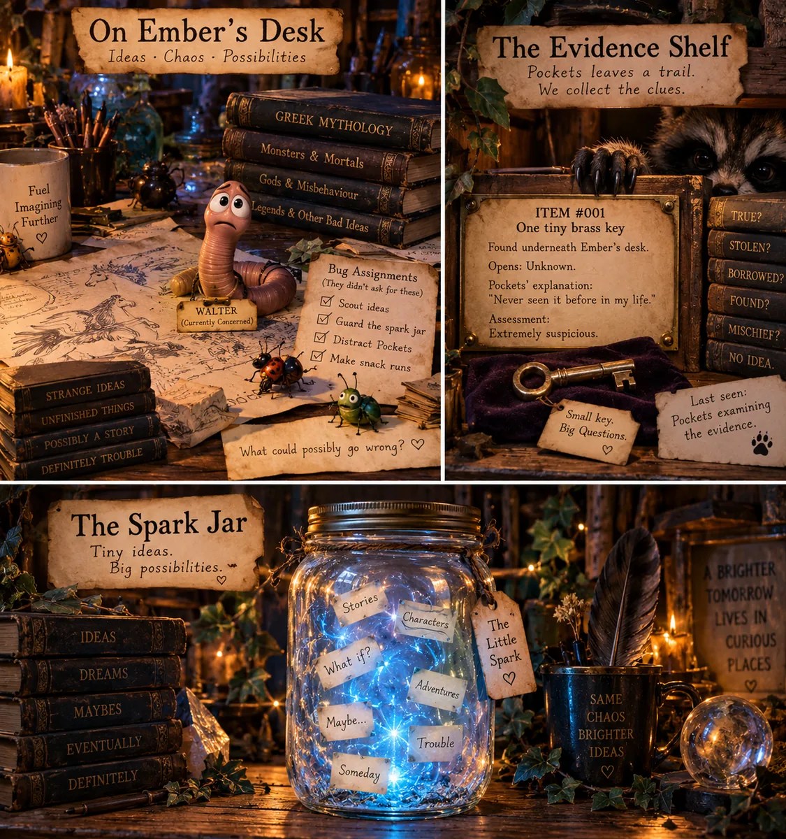 Inside The Little Spark workshop: Ember’s desk, Pockets’ evidence shelf and the glowing Spark Jar