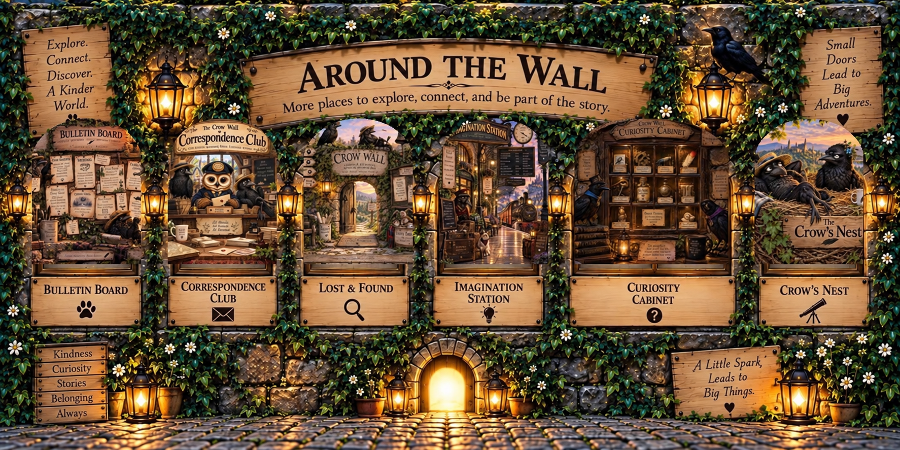 Around the Wall at Crow Wall Collections with Bulletin Board, Lost and Found, Correspondence Club, Imagination Station, Curiosity Cabinet, and Crow's Nest
