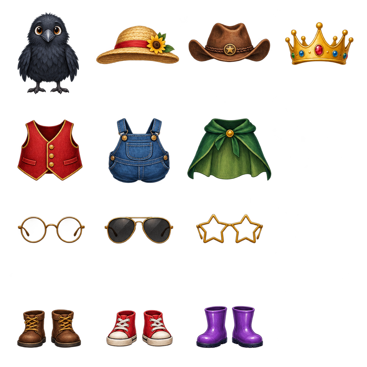 A playful crow with hats, outfits, glasses, and shoes for dressing up.