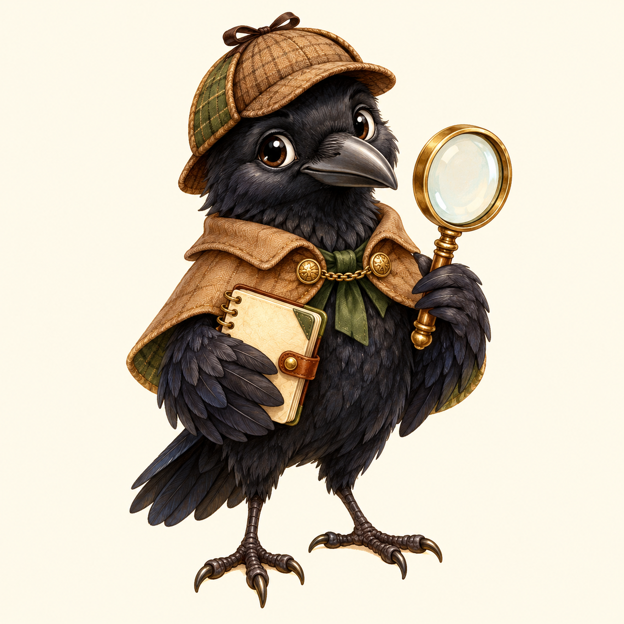 A friendly crow detective holding a magnifying glass and notebook.