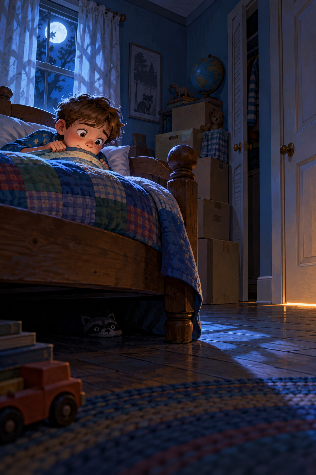 A boy peers over his quilt in a moonlit new bedroom, with moving boxes, an ajar closet, and a mysterious pair of eyes beneath his bed.