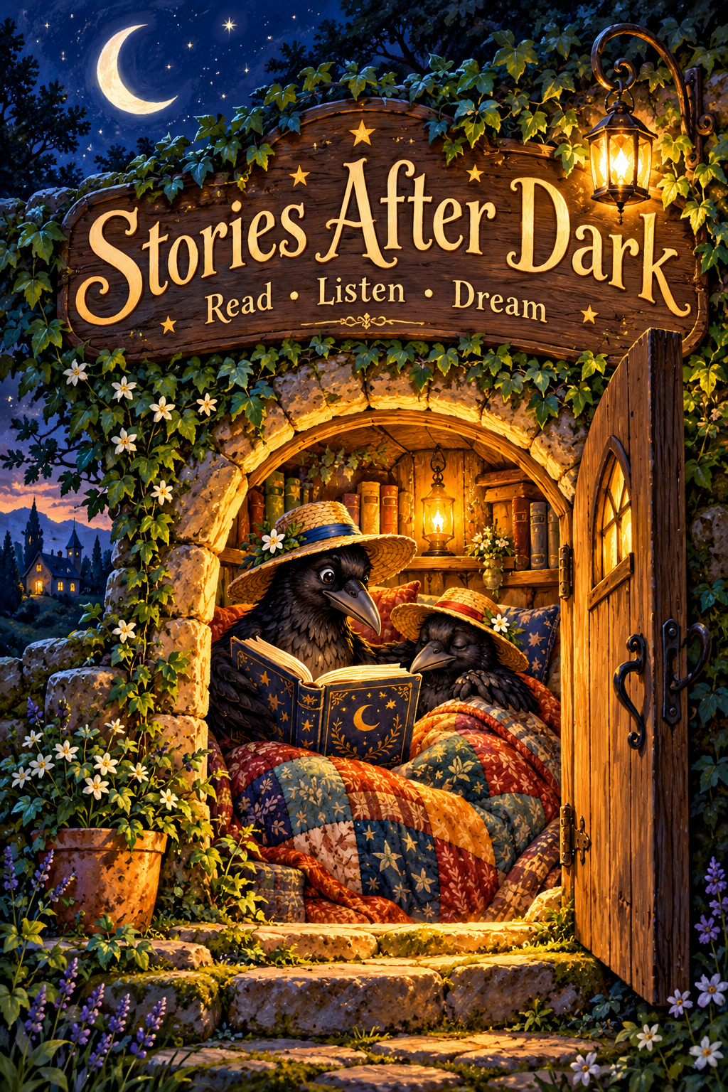 Two straw-hatted crows share a storybook beneath a quilt by lantern light.
