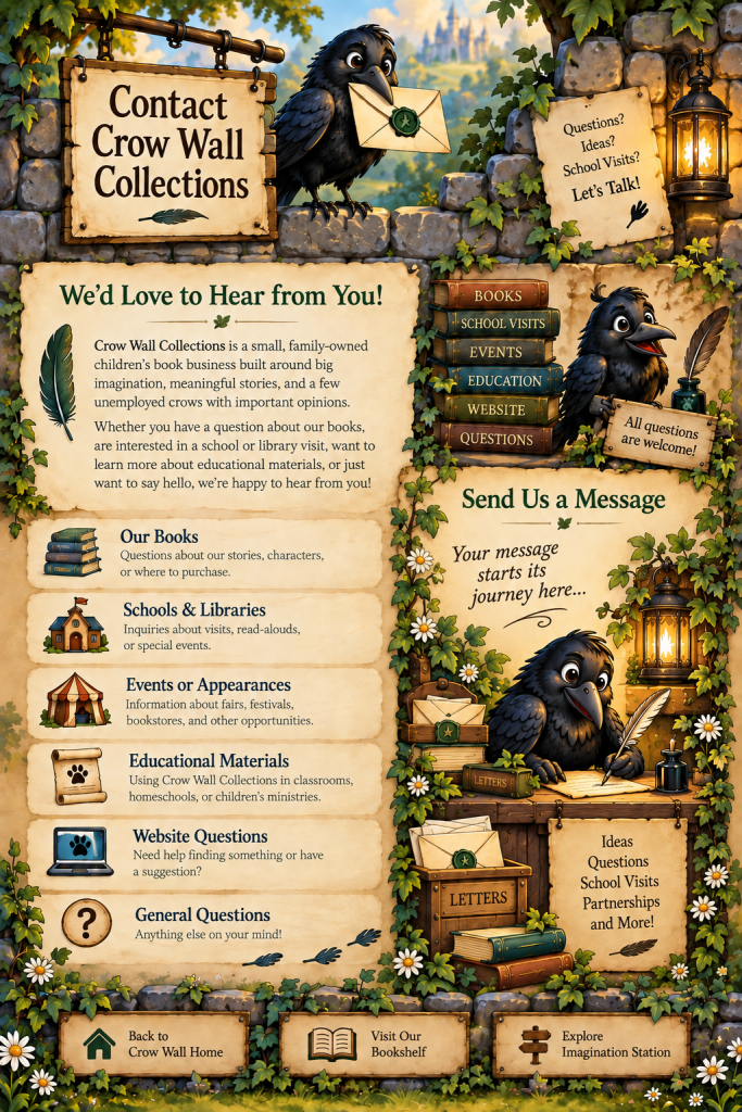 Crow Wall Collections illustrated contact page with crows, ivy-covered stone wall, contact topics, and a crow writing letters at the correspondence desk.